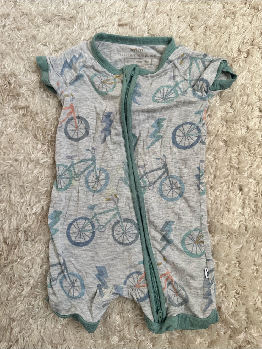 Kickee Pants Gray Bicycle Short-Sleeve Sleep Romper with Green Trim